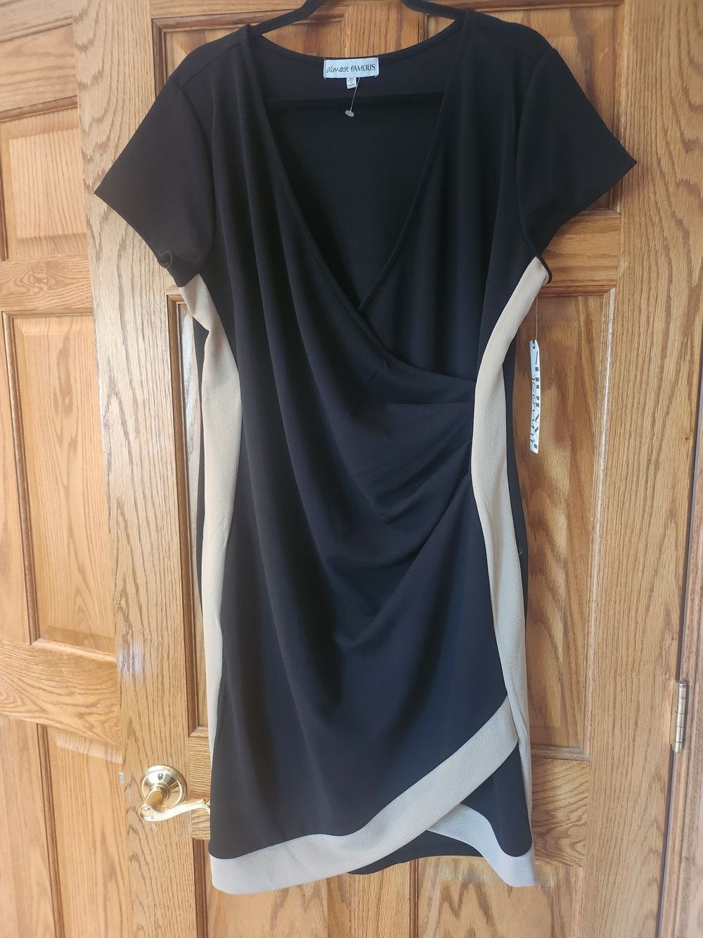 Alex Evenings Black and Beige Faux-Wrap Midi Dress